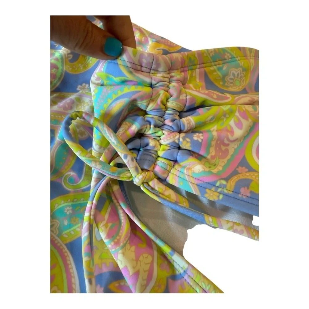 California High Waist Drawstring Full Bottom Pastel Paisley Swim Separate